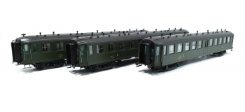 Modélisme ferroviaire : REE VB-212 - Coffret de 3 voitures « Bacalan » châssis et toit noir, Vert SNCF 306 Ep.III A