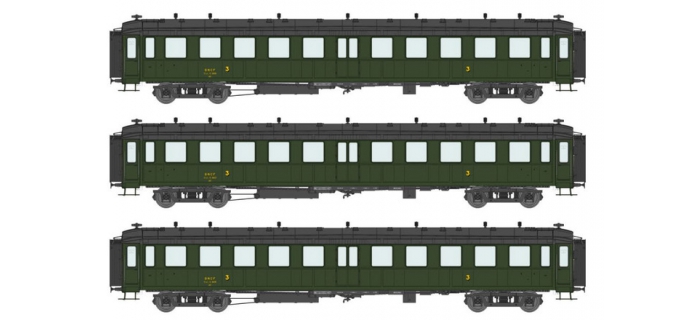 Modélisme ferroviaire : REE VB-212 - Coffret de 3 voitures « Bacalan » châssis et toit noir, Vert SNCF 306 Ep.III A	