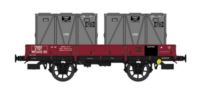 Wagon plat OCEM 19 NNTw, ridelles, brun foncé, conteneur SNCF gris foncé