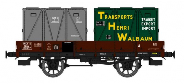 Wagon plat OCEM 19, freiné avec frein à levier, boîtes d'essieux à