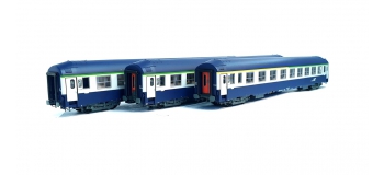Modélisme ferroviaire : REE VB-227 - Coffret de 3 voitures UIC couchettes bleu / gris béton, Logo casque,toit haut