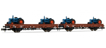 Arnold HN6487 - 2-unit pack flat wagons Rmms in brown livery, loaded with tractors 