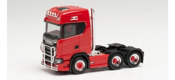 HER314053 - Tracteur de camion Scania CS 20 6×2 à toit surélevé with pipes, lamp bracket, fanfare, and impact protection, red - Herpa