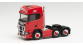HER314053 - Tracteur de camion Scania CS 20 6×2 à toit surélevé with pipes, lamp bracket, fanfare, and impact protection, red - Herpa