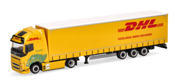HER318952 - Semi-remorque à rideaux coulissants électrique Volvo FH GL XL, DHL - Herpa