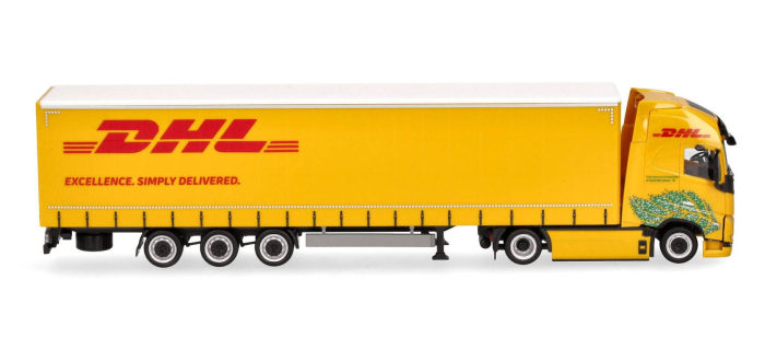 HER318952 - Semi-remorque à rideaux coulissants électrique Volvo FH GL XL, DHL - Herpa