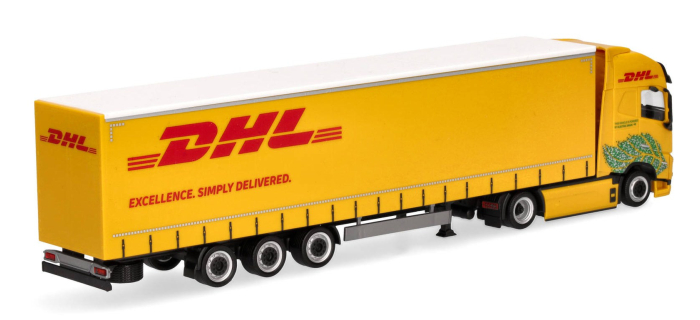 HER318952 - Semi-remorque à rideaux coulissants électrique Volvo FH GL XL, DHL - Herpa