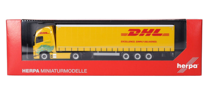 HER318952 - Semi-remorque à rideaux coulissants électrique Volvo FH GL XL, DHL - Herpa
