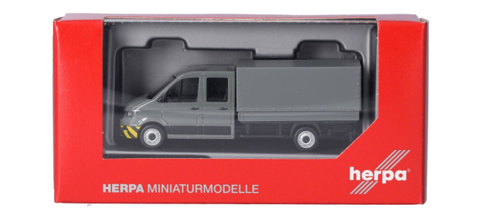 HER098328 - Camion MAN TGE gris à double cabine et parechoc à rayures jaunes - Herpa