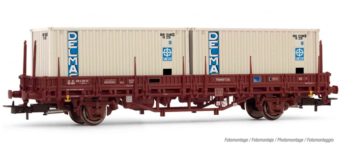 HJ6175 - Wagon plat type Ks, SNCF, chargé avec 2 containers Delmas - Jouef
