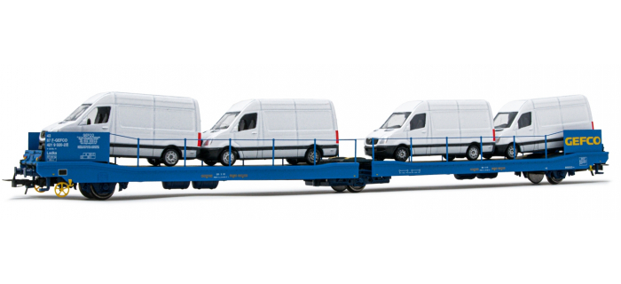 HJ6207 - Wagon plate-forme à 3 essieux Ladks, GEFCO livrée bleu, chargé de 4 Sprinter vans - Jouef