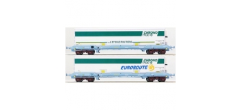 Modélisme ferroviaire : Coffret de 2 wagons plats avec caisse mobile frigorifique CHRONO FROID livrée Europorte et L'étoile routière