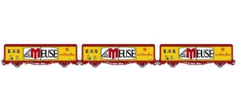 Modelisme ferroviaire LSMODEL LSM30667 - Coffret de 3 wagons couvert EVS livrée rouge/jaune avec parois planes et logo 
