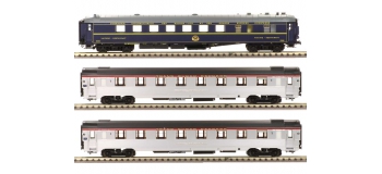 Modélisme ferroviaire : LS Model - LSM41107 - Coffret de 3 voitures Mistral 56 livée inox avec bandeau TEE et voiture bleu CIWL 