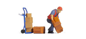 NO 16526 - Tiny-Scenes « Travail en entrepôt » :Magasinier soulevant des caisses et diable - Noch