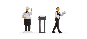 NO 16512 - Tiny-Scenes « Restaurant » : Cuisinier, serveur et pupitre avec menu - Noch
