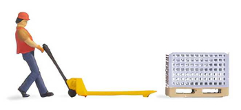 NO 16525 - Tiny-Scenes « Travail en entrepôt » : Magasinier avec transpalette et palette chargée - Noch