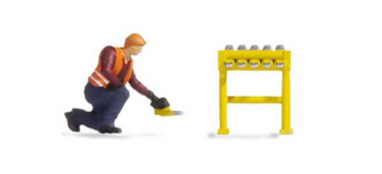 NO 16531 - Tiny-Scenes « Travaux sur la voie » : Ouvrier avec pelle et support de cales d'arrêt - Noch