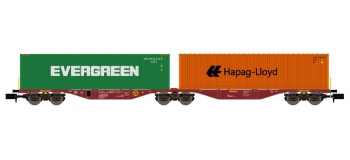 Modélisme ferroviaire : Sggrss 80 Touax Bordeaux + 1 Container EVERGREEN et 1 Container HAPAG-LLOYD