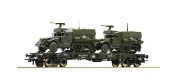 Modelisme ferroviaire : ROCO R76863 - Wagon militaire  avec deux véhicules semi-chenillés de l'USATC 
