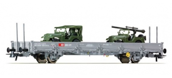 Modélisme ferroviaire : ROCO R67424 - Wagon à ranchers des CFF avec deux jeep M38A1 