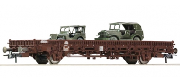 Train électrique : ROCO R67493 - Wagon plat + jeep Willis OBB. 